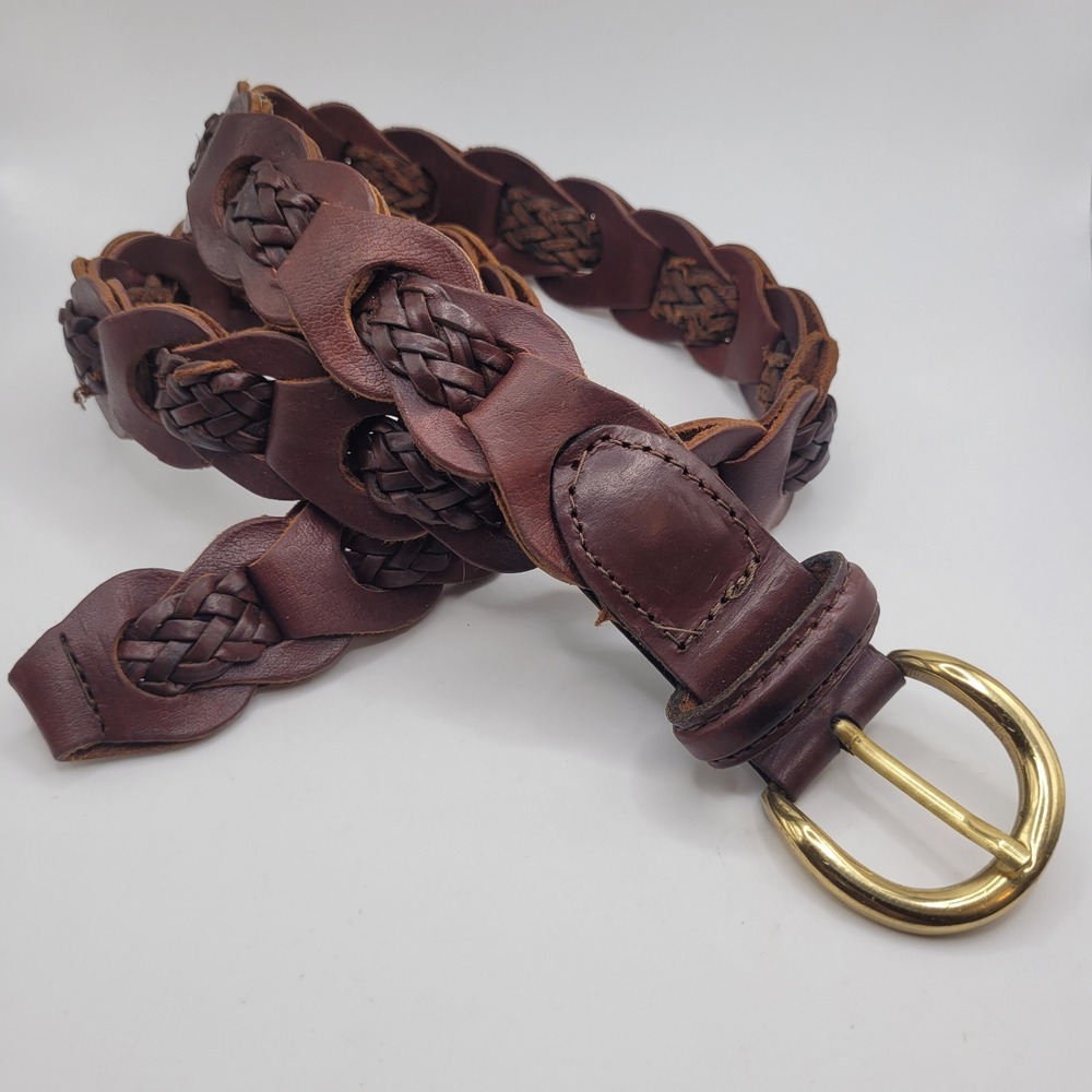 Vintage Perry Ellis Belt Small Brown Leather Woven Braided Lattice Boho Rustic